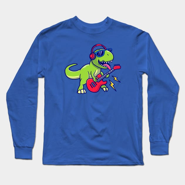 Cute Dinosaur Playing Guitar Music Cartoon Long Sleeve T-Shirt by Catalyst Labs